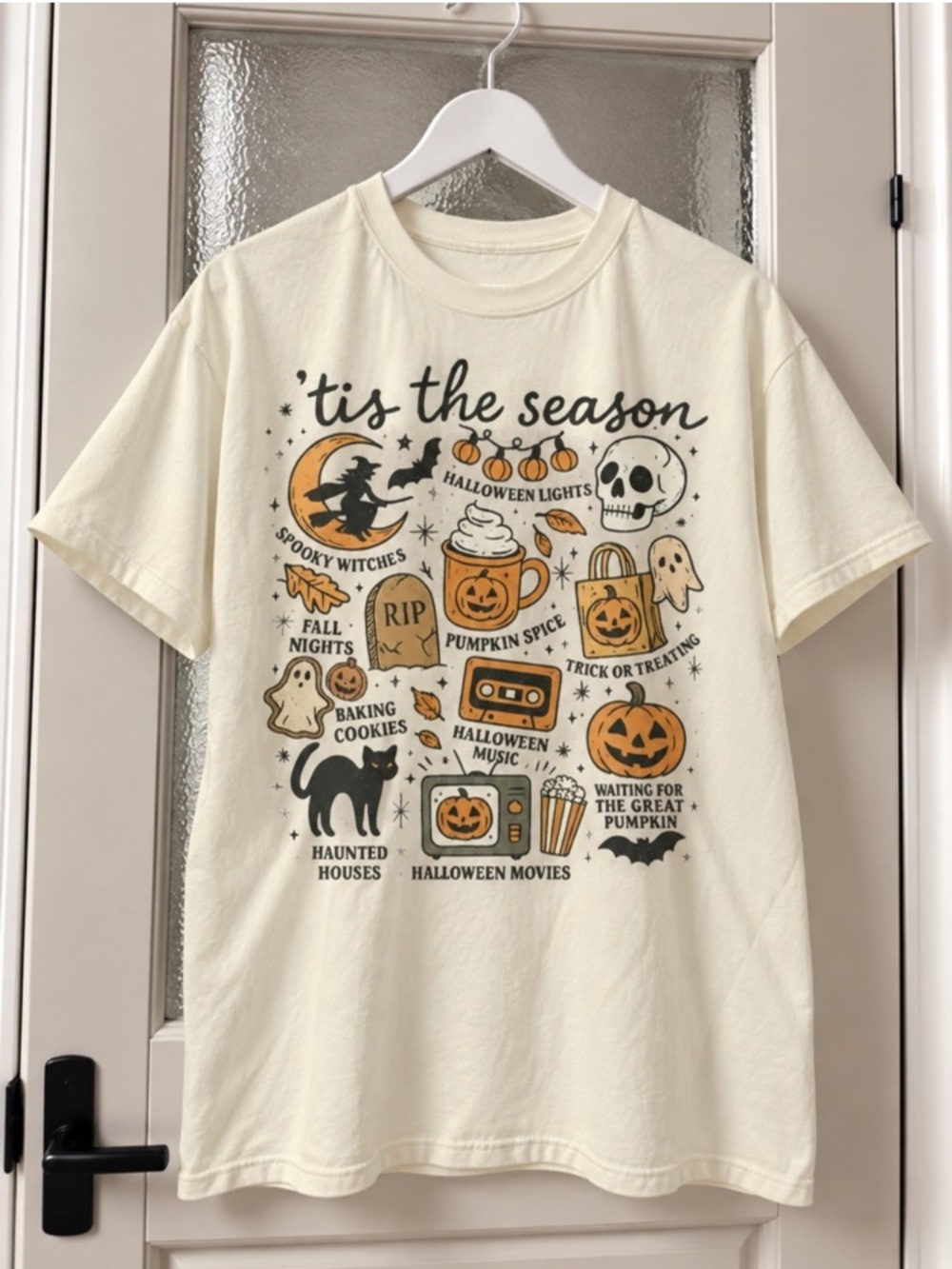 Off White 'Tis The Season Halloween Graphic Tee with Orange & Black Accents